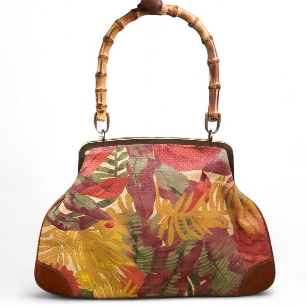 Patricia Nash Tropical Dreams Ozieri Wooden Handle Satchel Bag Purse Boho Floral